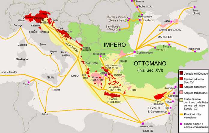 威尼斯共和國與其海外貿易站（紅）