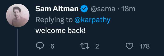 Sam Altman 表示：歡迎回來！