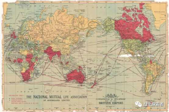 全盛時期的英國領土（圖中紅色區域）及其航路圖