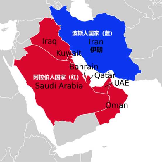 波斯灣沿岸，除了伊朗（藍），其餘都是阿拉伯國家