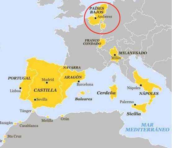 西班牙通過政治聯姻佔領尼德蘭（紅色）