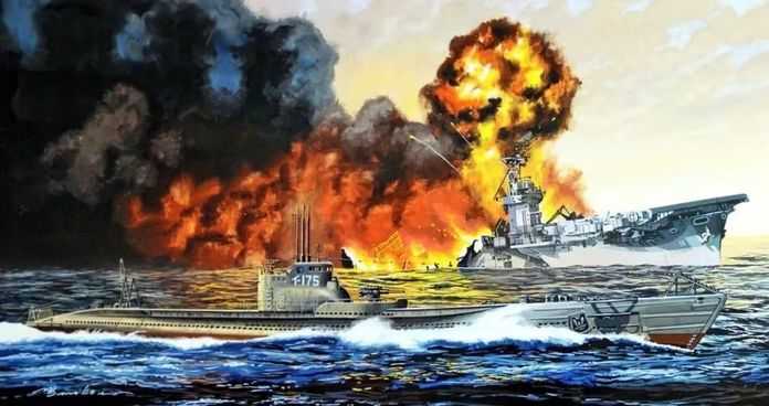 「利斯康灣」號被日軍伊-175號潛艇偷襲得手，但實際上潛艇攻擊完後立即下潛，根本不敢像繪畫裡那樣囂張