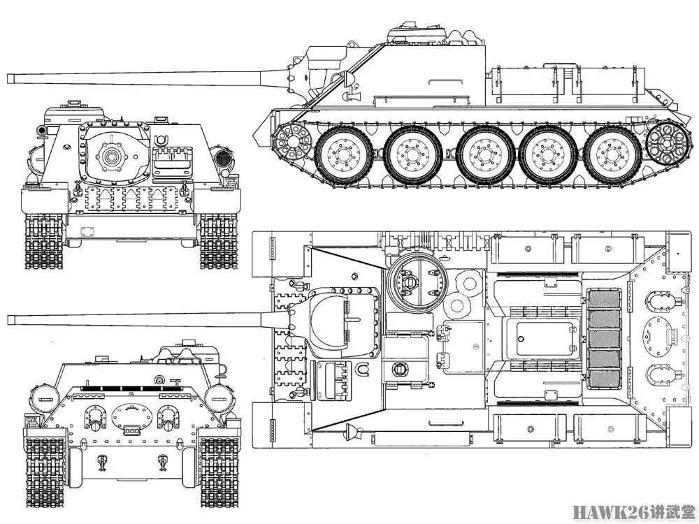 SU-100自行反坦克炮四面圖