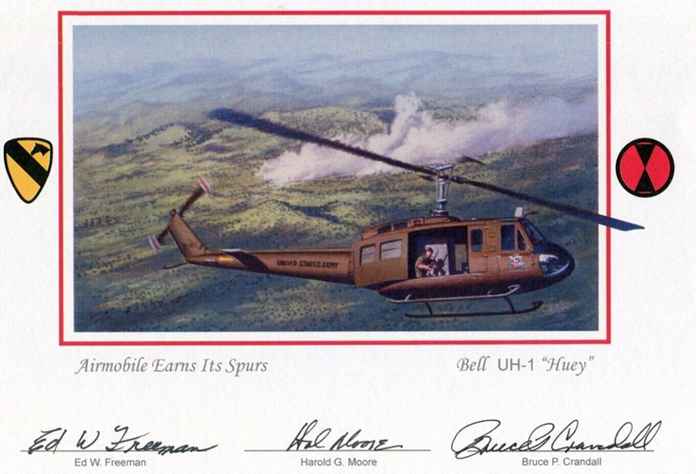 表現UH-1「休伊」直升機運輸物資的畫作，下面從左到右分別是弗里曼上尉、摩爾中校和克蘭德爾少校的簽名