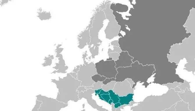 藍色部分為現今南斯拉夫人分佈地區