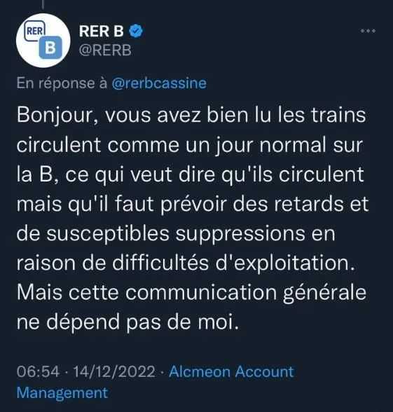 RER B線官方Twitter對B線「正常」一天的解讀：有車運行，但需要做好班次延誤、被取消的準備（Twitter截圖）