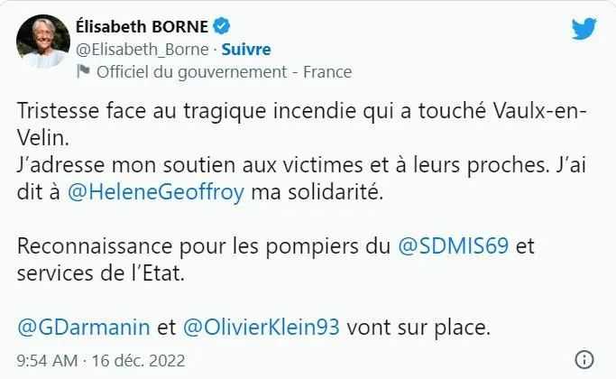 法國總理博爾內發Twitter對火災遇難者親友予以支持，並對消防救援人員表示感謝（Twitter截圖）