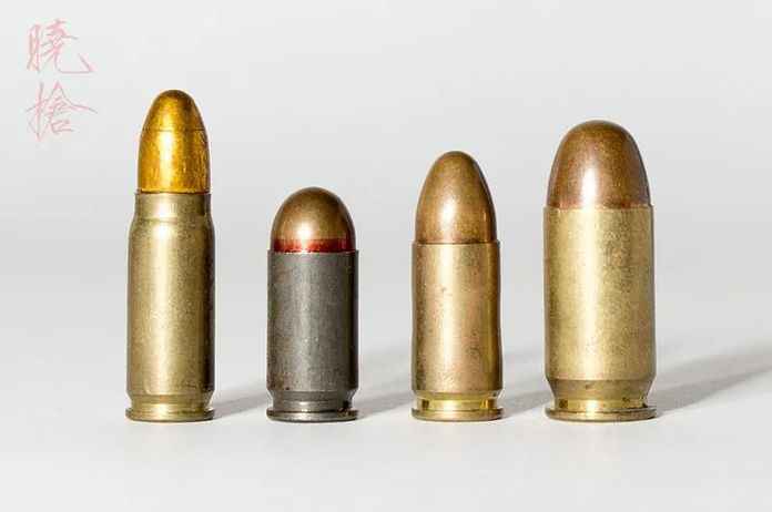 7.62×25mm（左一）與9×19mm（左三）彈對比，左二是9×18mm馬卡洛夫，左四為.45AC