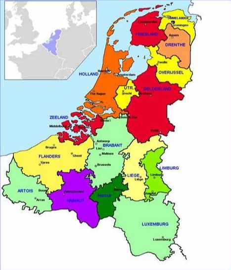 北方以荷蘭省（Holland）為中樞，南方以弗蘭德省（Flanders）為中樞