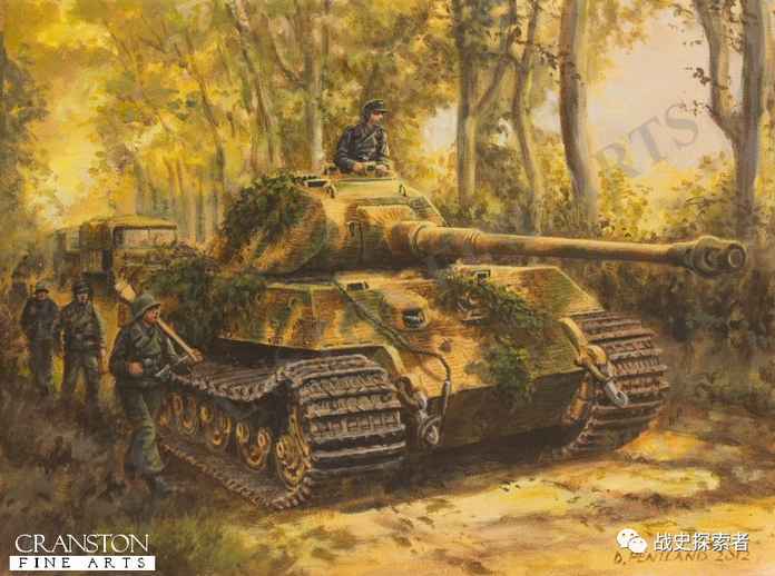 跟隨己方擲彈兵一同前進的「虎王」重型坦克，其炮塔為保時捷版本，非後期的亨舍爾版本