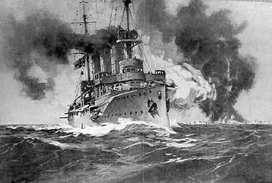 戰鬥中的「德累斯頓」號，它擊沉了數艘商船，俘獲英國船員