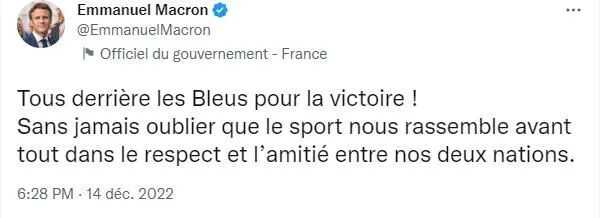 馬克宏發推文為法國隊加油（Twitter截圖）