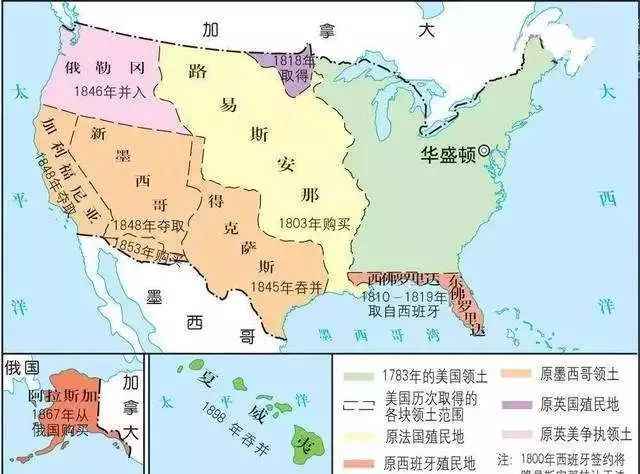 德克薩斯、新墨西哥等橘黃色塊，都屬於被美國侵佔的原墨西哥國土