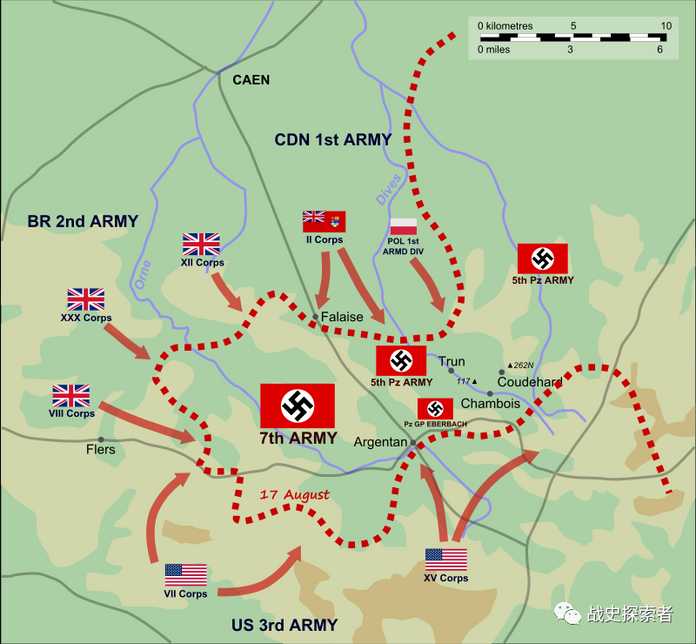 （地圖）法萊斯口袋中遭圍困的德第7集團軍及第5集團軍