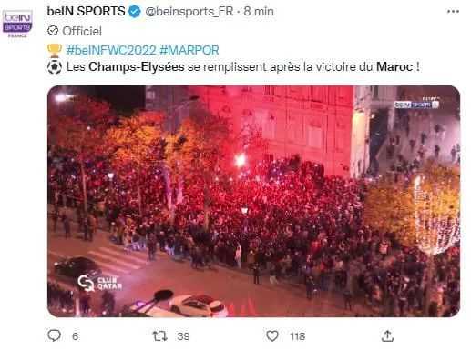 12月10日，巴黎香街上慶祝摩洛哥晉級的球迷（Twitter截圖）