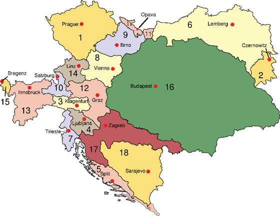 今天的斯洛維尼亞分佈在當地的施蒂利亞（14）、卡尼拉（4）與奧地利濱海省（7）中