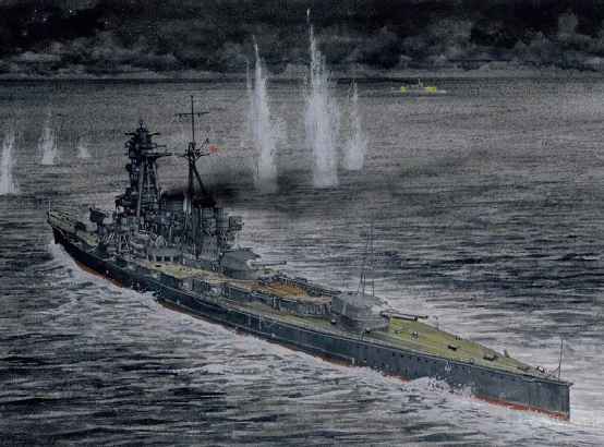 表現「霧島」號與美軍交戰的畫作，該艦是日軍在戰艦炮戰中被擊沉的第一艘戰列艦
