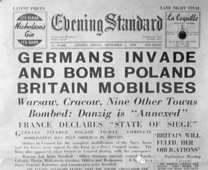 1939年9月1日倫敦旗幟晚報發行的頭版頭條新聞上書：「德國入侵併轟炸了波蘭，英國宣佈動員」，下方小