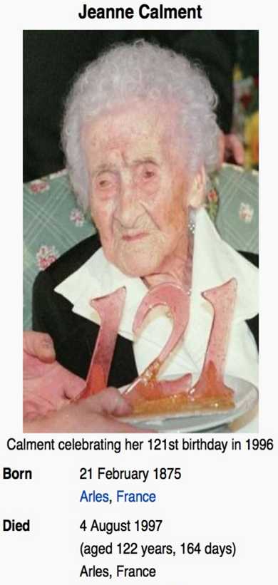 人類有記載的最長壽命是個法國的老太太，她活了122歲164天