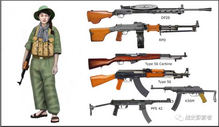 反美鬥爭時期，越南人民軍部隊使用的基本為社會主義國家援助的各型槍械，甚至還有少見的K-50M及PPS