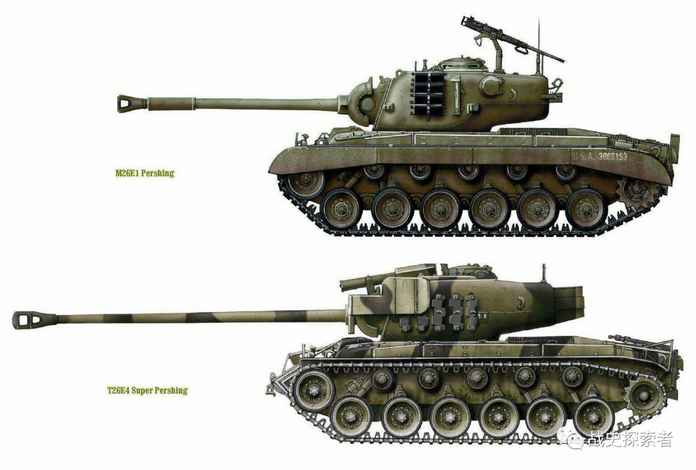 M26E1「潘興」坦克與T26E4「超潘」的側視對比圖下方的這輛「超潘」雖拆除了車長位的M2「勃朗寧