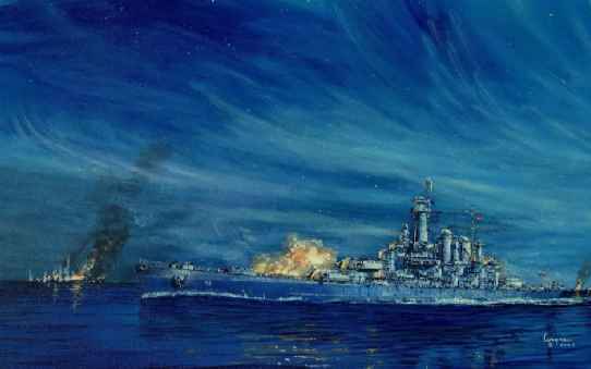 美軍「華盛頓」號戰列艦向「霧島」號進行齊射的場面