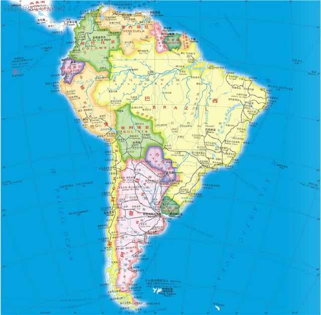 現在的南美洲地圖，「德累斯頓」號主要在該地區作戰