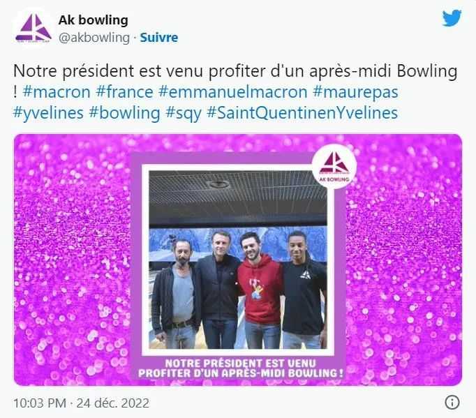 有趣的是，這名AK保齡球館經理幾小時後又親自在Twitter上發出與馬克宏打保齡球的照片…… （Twitter截圖）